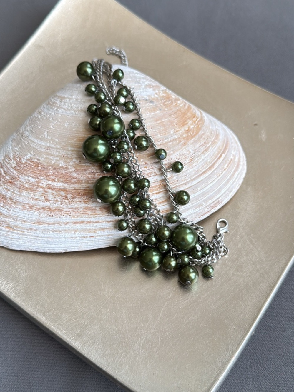 Chunky Green Pearl Cluster Bracelet - Silver Chain New